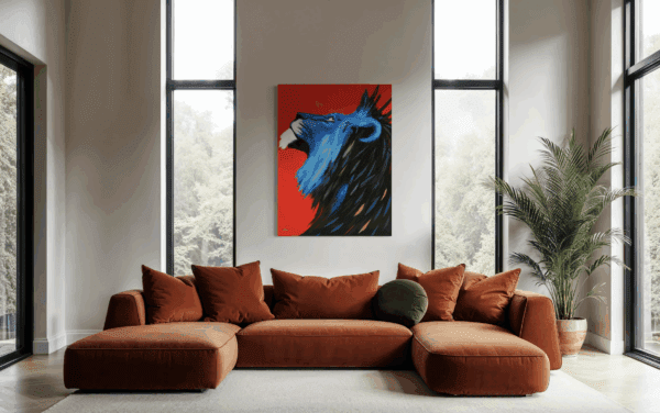 Blood and Blue lion art work displayed in modern interior setting